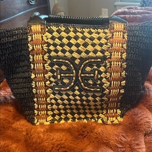 Sam Edelman Elegant Black and Tan Woven Leather Logo Tote Bag